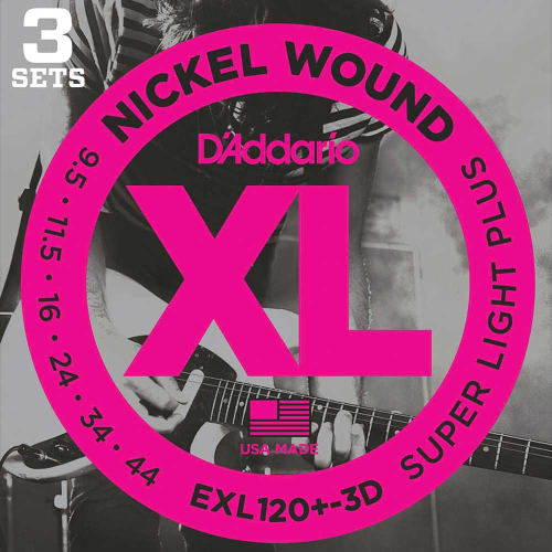 D'Addario EXL120+-3D Round Wound Snaren voor Elektrische Gitaar (9.5-44) 3-Pack