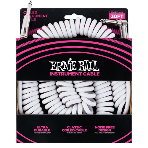 Ernie Ball 6045 Krulkabel Gitaar 9 Meter Wit - Recht/Haakse Plug