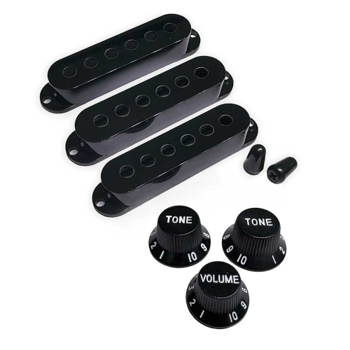 AxLabs AX-LSSMBKW Set Modern Single Coil Pickup Covers (52/50/48mm), Knoppenset en Schakelaarknoppen Zwart - Witte Belettering