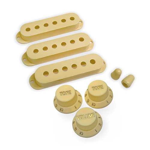 AxLabs AX-LSSVAWG Set Vintage Single Coil Pickup Covers (52mm), Knoppenset en Schakelaarknoppen Verouderd Wit / Crème - Gouden Belettering