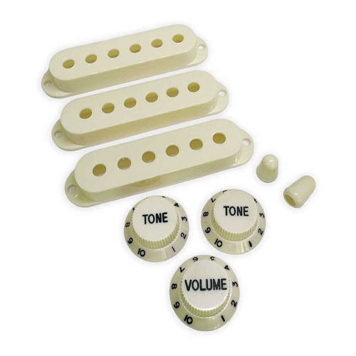 AxLabs AX-LSSVVWB Set Vintage Single Coil Pickup Covers (52mm), Knoppenset en Schakelaarknoppen Verouderd Wit - Zwarte Belettering