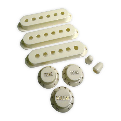 AxLabs AX-LSSVVWG Set Vintage Single Coil Pickup Covers (52mm), Knoppenset en Schakelaarknoppen Oud Wit - Gouden Belettering