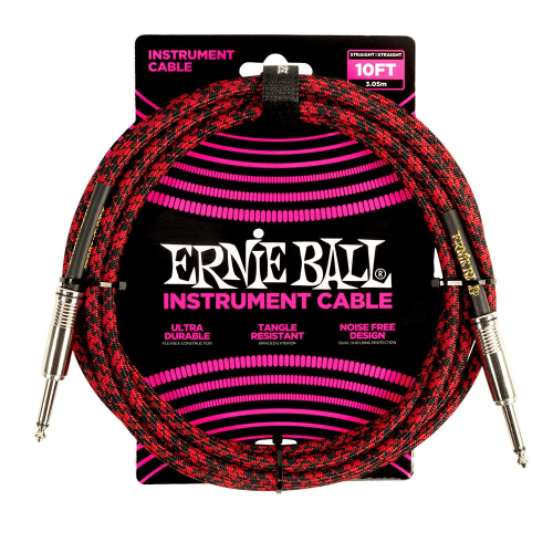 Ernie Ball 6394 Gevlochten Gitaarkabel Rood en Zwart 3 Meter
