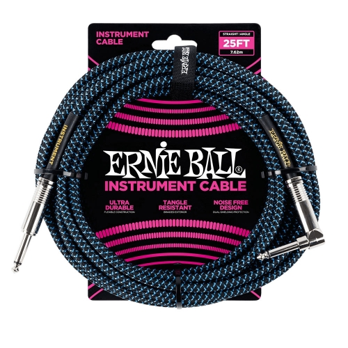 Ernie Ball EEB6060 Gitaarkabel 7.6 Meter Zwart/Blauw - Haaks/Rechte Plug